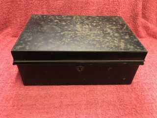 Antique Black Metal Deed Box Strong Box Tin Safe W Top Handle Good Size No Key