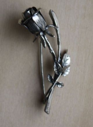 Beau Sterling Silver Rose Pin / Brooch Five Leaves Rare And
