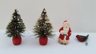 4 Vintage Christmas Cake Decorations Brush Trees Plaster Father Christmas Robin