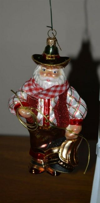 Rare Neiman Marcus Christmas Cowboy Santa Glass Ornament 2012 - Butterfly Tag