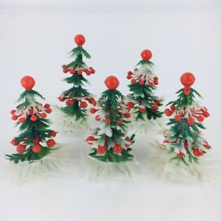5 Vintage Plastic Christmas Tree Dollhouse Miniature 1970s 2” Red Ornaments