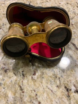 Antique French - Lemaire Paris - Mother Of Pearl And Brass Opera Glasses.  Euc