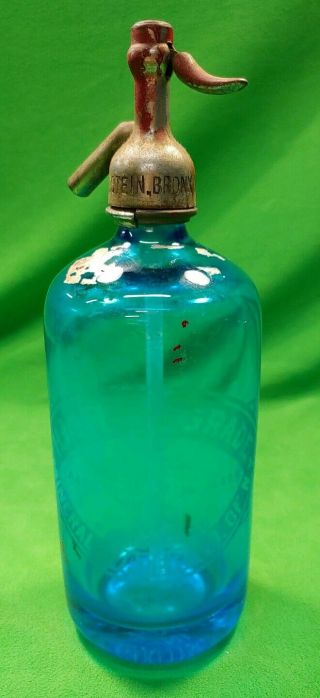 Rare Vintage Blue Seltzer Bottle Ecthed " Mineral Water Co.  Of N.  Y.  "