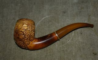 Rare Antique Carved Meerschaum Smoking Pipe - W/amber Stem