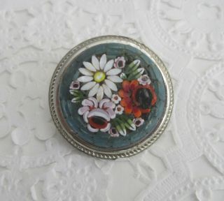 Pretty Vintage Blue Micro Mosaic Round Floral Brooch Set In Silver Antique Pin