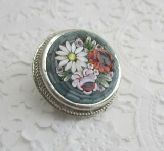Pretty Vintage Blue Micro Mosaic Round Floral Brooch Set in Silver Antique Pin 2