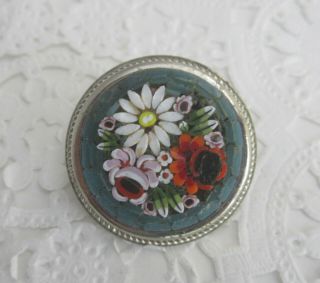 Pretty Vintage Blue Micro Mosaic Round Floral Brooch Set in Silver Antique Pin 3