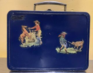Rare Vintage 40 - 50s Metal Lunchbox Cowboy Cowgirl Farm Life No Thermos Unique