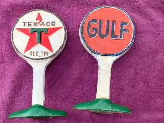 2 Antique Texaco & Gulf Cast Iron Gas Co Door Stoppers