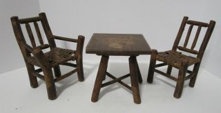 Rare Antique Adirondack Primitive Miniture Table And Chair Set Split Oak Caning