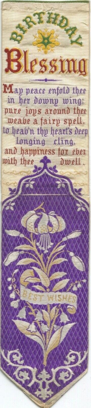 1870 - 90s Thomas Stevens Silk Woven Stevengraph Bookmark " Birthday Blessing "