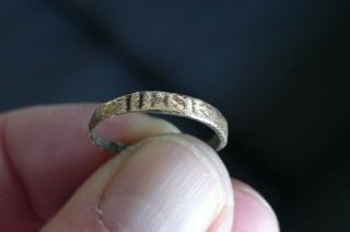 British Uk Metal Detecting Find Medieval Bronze Ring Ihs Inscription Christian