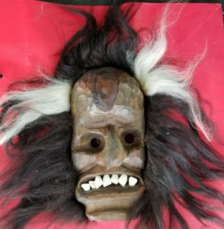 Vtg African Tribal Face Wood Mask Real Teeth Hair/fur Wall Art Rare Creepy
