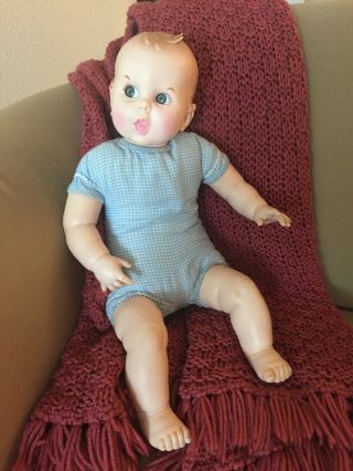 Vintage Gerber Baby Doll Moving Eyes 1970 Blue Gingham Cloth Body Molded Head