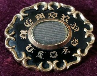 Antique 9ct Gold & Black Enamel Mourning Brooch With Hair Inset - Dated 1902 - 35
