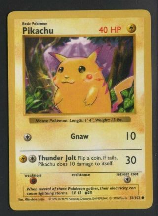 Pikachu 58/102 Pokemon Card Misprint Rare Base Set Shadowless Red Cheek