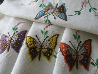 Vintage Hand Embroidered Linen Tablecloth - Exquisite Butterflies With Floral 