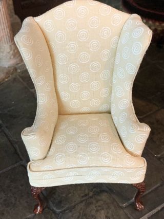 Early Bespaq Miniature Dollhouse Upholstered Wing Back Chair Carved Legs Cream