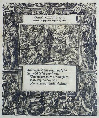 1576 Tob Stimmer - 2 Woodcuts Judah And Tamar & Joseph - Mannerist Borders
