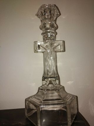 Antique Cambridge Clear Glass Crucifix - Candle Holder - 9 1/2 " Tall -