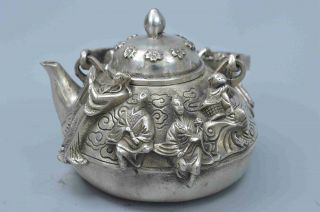 China Handwork Collectable Miao Silver Carve 8 Immortal Auspicious Lucky Tea Pot
