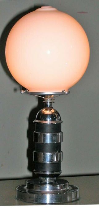 Vintage Deco Bauhaus Step Chrome Black Enamel Banded Torpedo Lamp Milk Globe 18 "