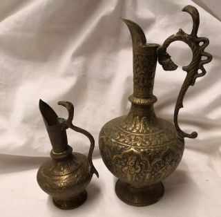 A Antique Indian Brass Ewers Jugs With Cobra Handles