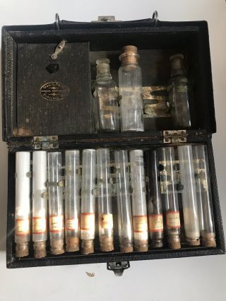 Antique Medical Apothecary Kit Case Travel Doctor Bag Drugs Medicine Vials