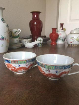 Chinese Antique A Pair Famille Rose Porcelain Dragon Phoenix Cups Qianlong Mark