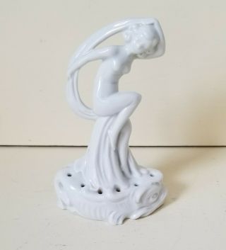 Vintage Art Deco Nude Scarf Dancer On Dolphin 12 Hole Flower Frog White Figurine