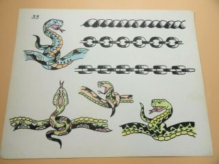 Vintage Rare Picture Machine Tattoo Flash Sheet 33 Snakes No Stamp