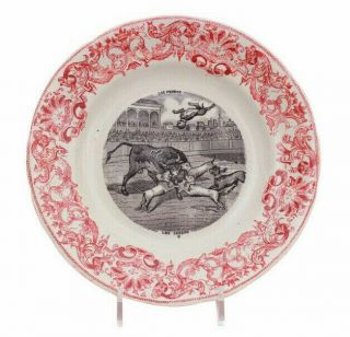 Antique French Pink Red Transferware Plate Dog Bull Fight By Gien Los Perros