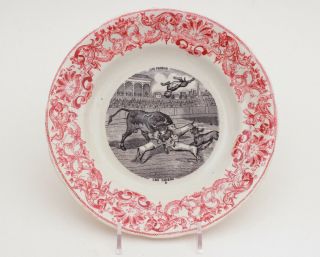 Antique French Pink Red Transferware Plate Dog Bull Fight by Gien Los Perros 2