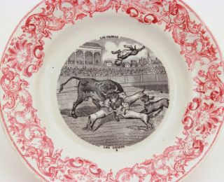 Antique French Pink Red Transferware Plate Dog Bull Fight by Gien Los Perros 3