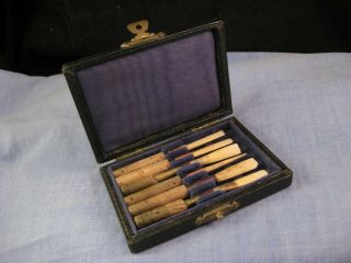 Antique Victorian Oboe Instrument English Horn Reeds X6 & Travel Case Box Spares