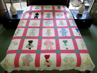 Vintage Rustic Feed Sack Hand Sewn Sunbonnet Sue & Overall Sam Applique Quilt