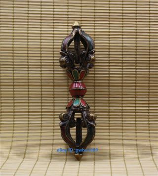 Chinese Old Tibetan Buddhism Pure Copper Inlaid Gems Vajra Implement