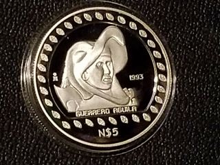 1993 Mexico N$5 Pesos Guerrero Aguila Silver Proof - 1000 Minted Key Date Rare