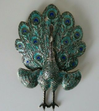 Antique Art Deco Sterling Silver & Enamel Peacock Brooch Rare Hinged Design Siam