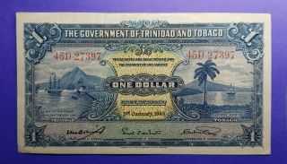 1943 Govt.  Of Trinidad And Tobago Spain.  One Dollar.  Rare P5c Very Fine Note