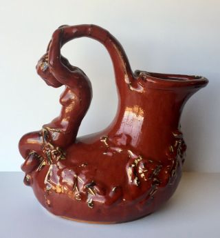 Shiwan Ware Chinese Pottery Red Mermaid Pitcher Decorative Handle Euc