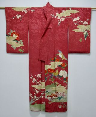 JAPANESE SILK ANTIQUE HOUMONGI / VERY RARE / BIRDS & FLOWER / VINTAGE SILK /572 2