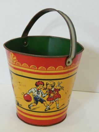 Antique Ohio Art Sand Pail Red Yellow Playing Children Rare Early Tin 2
