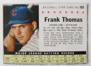 1961 Post Cereal Baseball 193 Frank Thomas Chicago Cubs Vg - Ex Rare