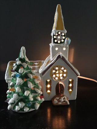 Vintage Dept 56 Steepled Church 50054 Ceramic Lighted Christmas Tree 1976 •rare•