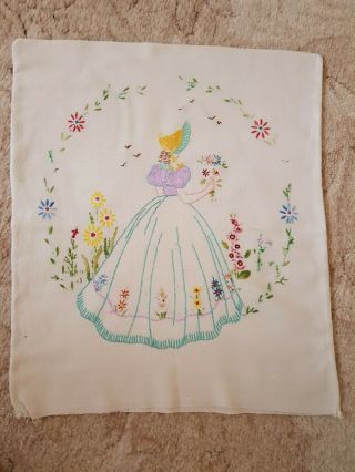 Vintage Linen Embroidered Cushion Cover.  Crinoline Lady