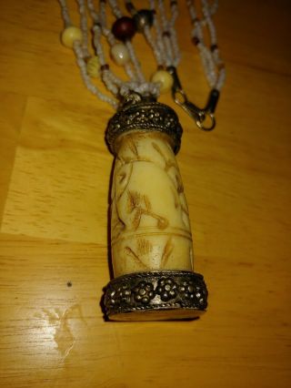 Vintage Chinese Resin And Metal Snuff Box Necklace