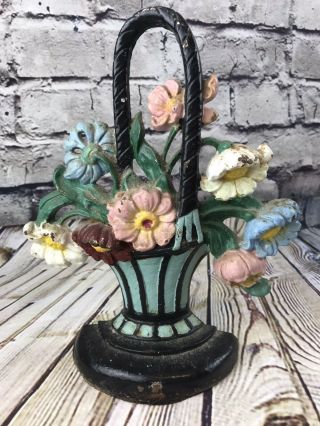 Antique Hubley 182 Cast Iron Hand Painted Flower Basket Door Stop