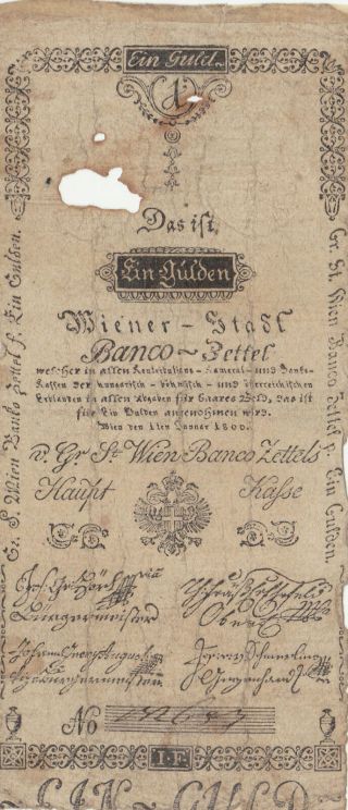 1 Gulden Vg - Banknote From Austrian Empire/hungary 1800 Rare