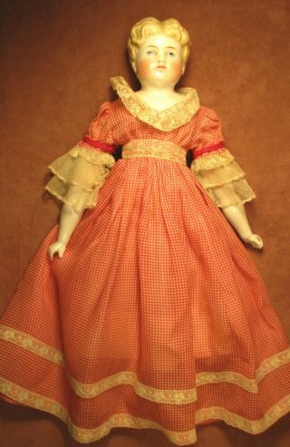 Vintage 17 " China Head Doll - Blonde Low Brow - In Red Check Dress